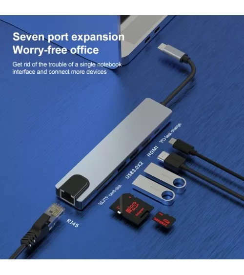 Adaptateur Hub USB-C 7 en 1 PD 100W HDMI 4K, USB, RJ45, cart | Refabz