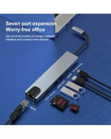 Adaptateur Hub USB-C 7 en 1 PD 100W HDMI 4K, USB, RJ45, cart | Refabz